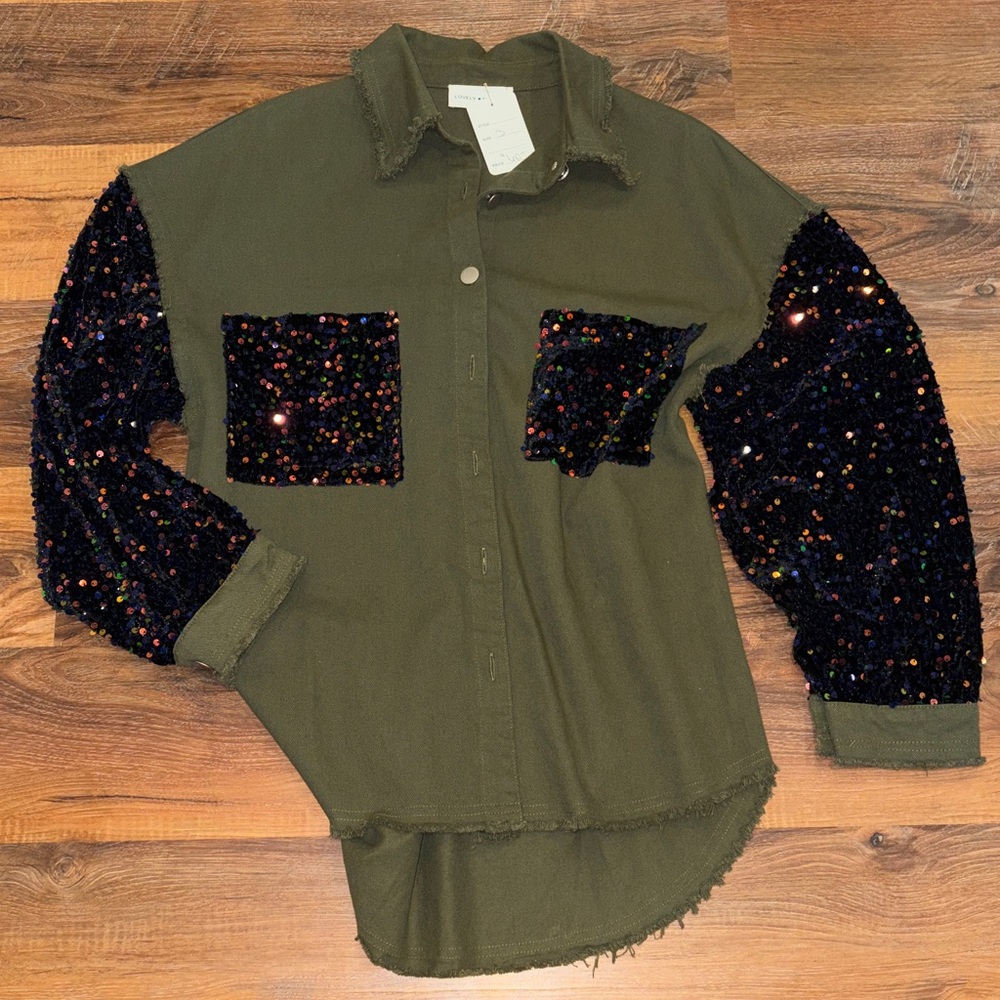 Sequin Sleeve Olive Green shacket